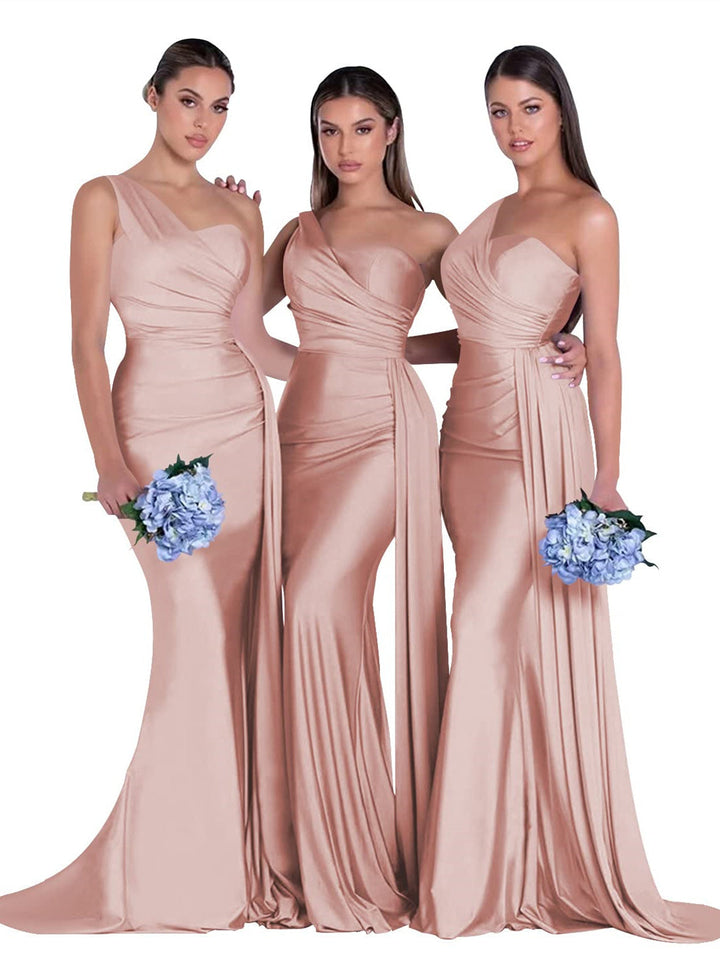 Sirène/Trompette Satin Une Épaule Sans Manches La Longueur du Sol Robes de Demoiselle d'Honneur