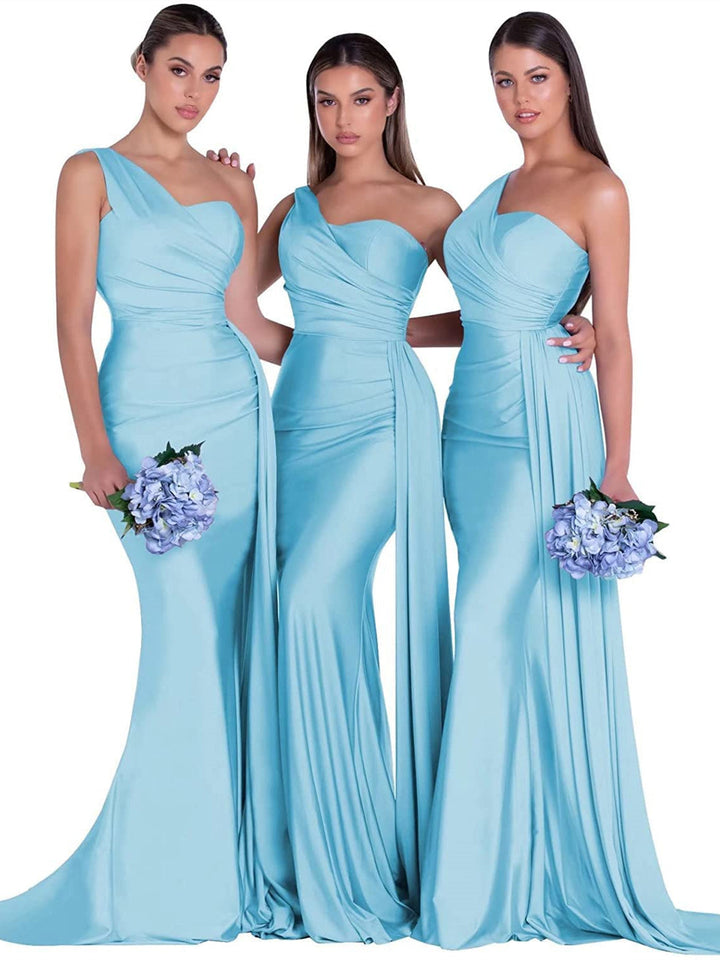 Sirène/Trompette Satin Une Épaule Sans Manches La Longueur du Sol Robes de Demoiselle d'Honneur