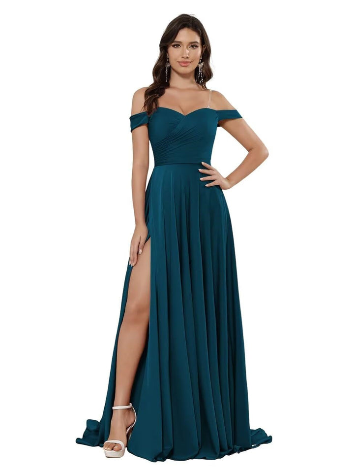 Ligne A/Princesse Satin Hors de l'épaule Sans Manches La Longueur du Sol Robes de Demoiselle d'Honneur