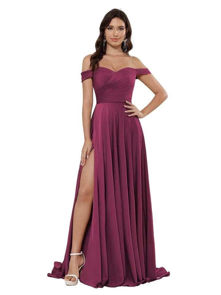 Ligne A/Princesse Satin Hors de l'épaule Sans Manches La Longueur du Sol Robes de Demoiselle d'Honneur