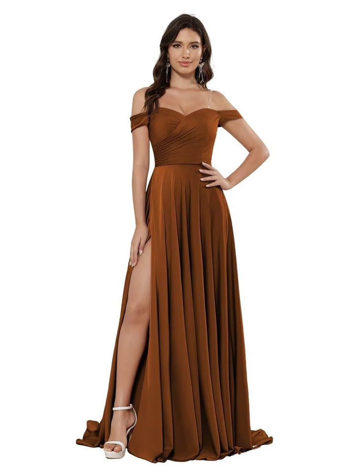 Ligne A/Princesse Satin Hors de l'épaule Sans Manches La Longueur du Sol Robes de Demoiselle d'Honneur