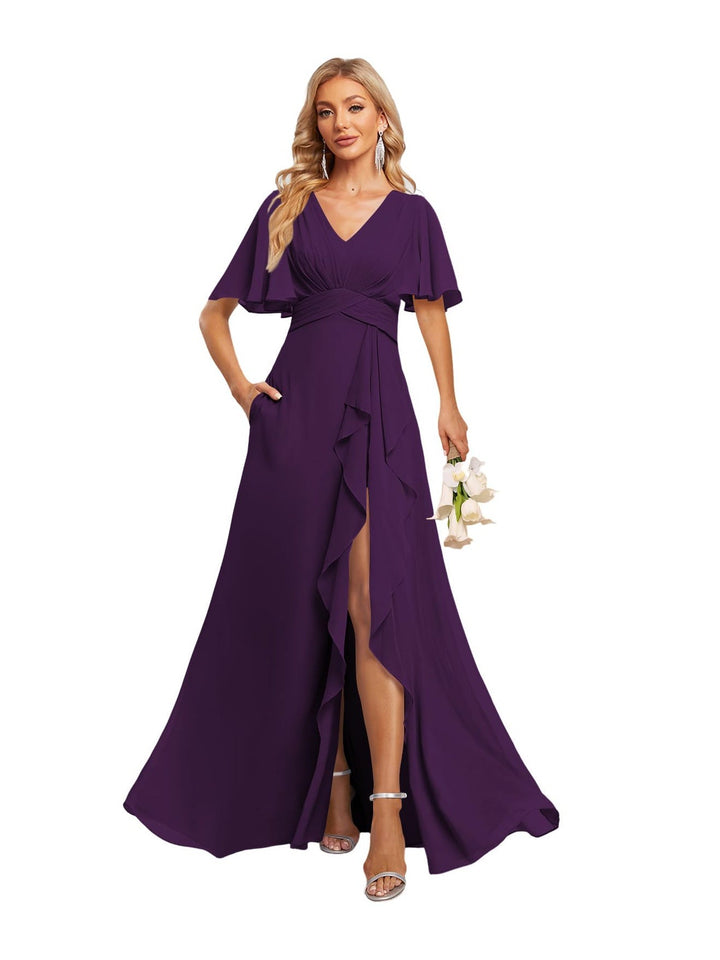 Ligne A/Princesse Col en V Manches Courtes La Longueur du Sol Robes de Demoiselle d'Honneur avec Mousseline