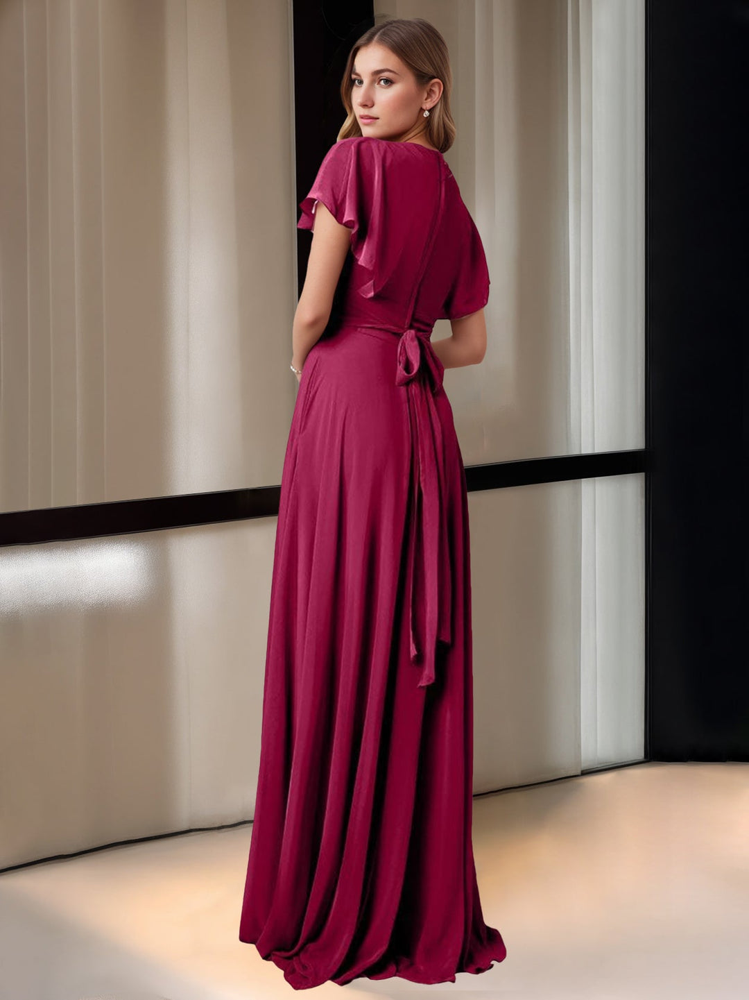 Ligne A/Princesse Col en V Manches Courtes La Longueur du Sol Robes de Demoiselle d'Honneur avec Poche