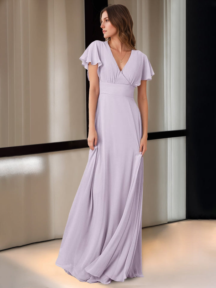 Ligne A/Princesse Col en V Manches Courtes La Longueur du Sol Robes de Demoiselle d'Honneur avec Poche