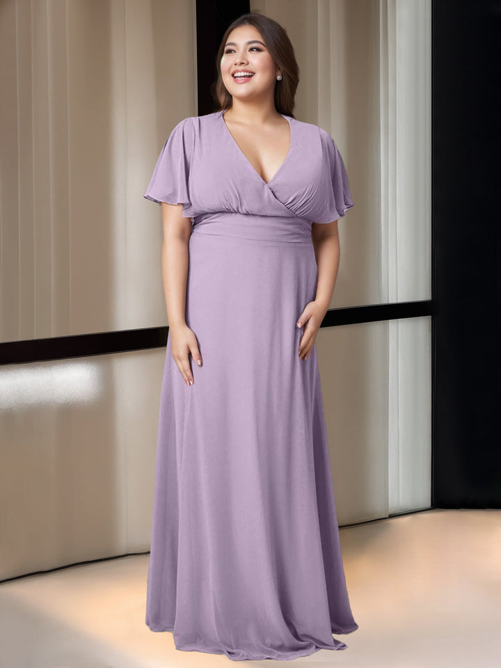 Ligne A/Princesse Col en V Manches Courtes La Longueur du Sol Robes de Demoiselle d'Honneur avec Poche