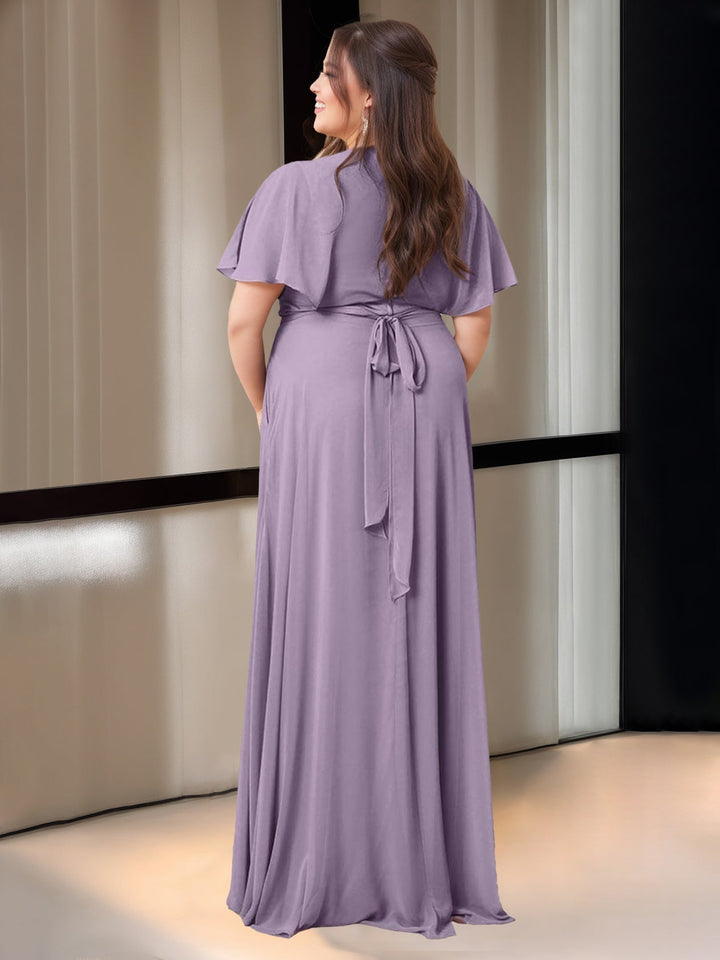 Ligne A/Princesse Col en V Manches Courtes La Longueur du Sol Robes de Demoiselle d'Honneur avec Poche
