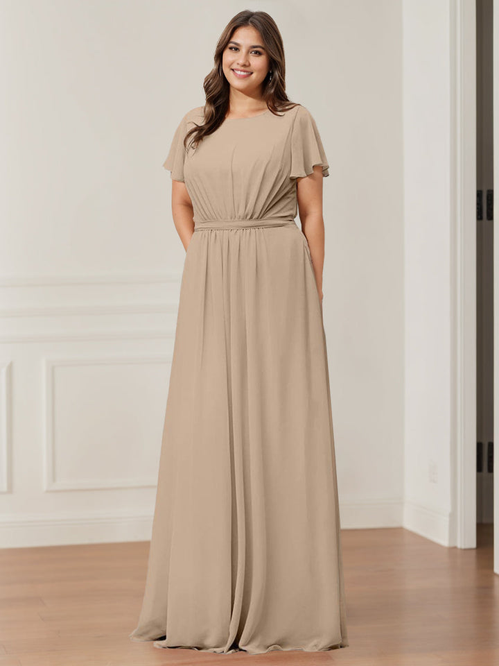 Ligne A/Princesse Scoop Neck Manches Courtes La Longueur du Sol Robes de Demoiselle d'Honneur avec Poche & Froufrous