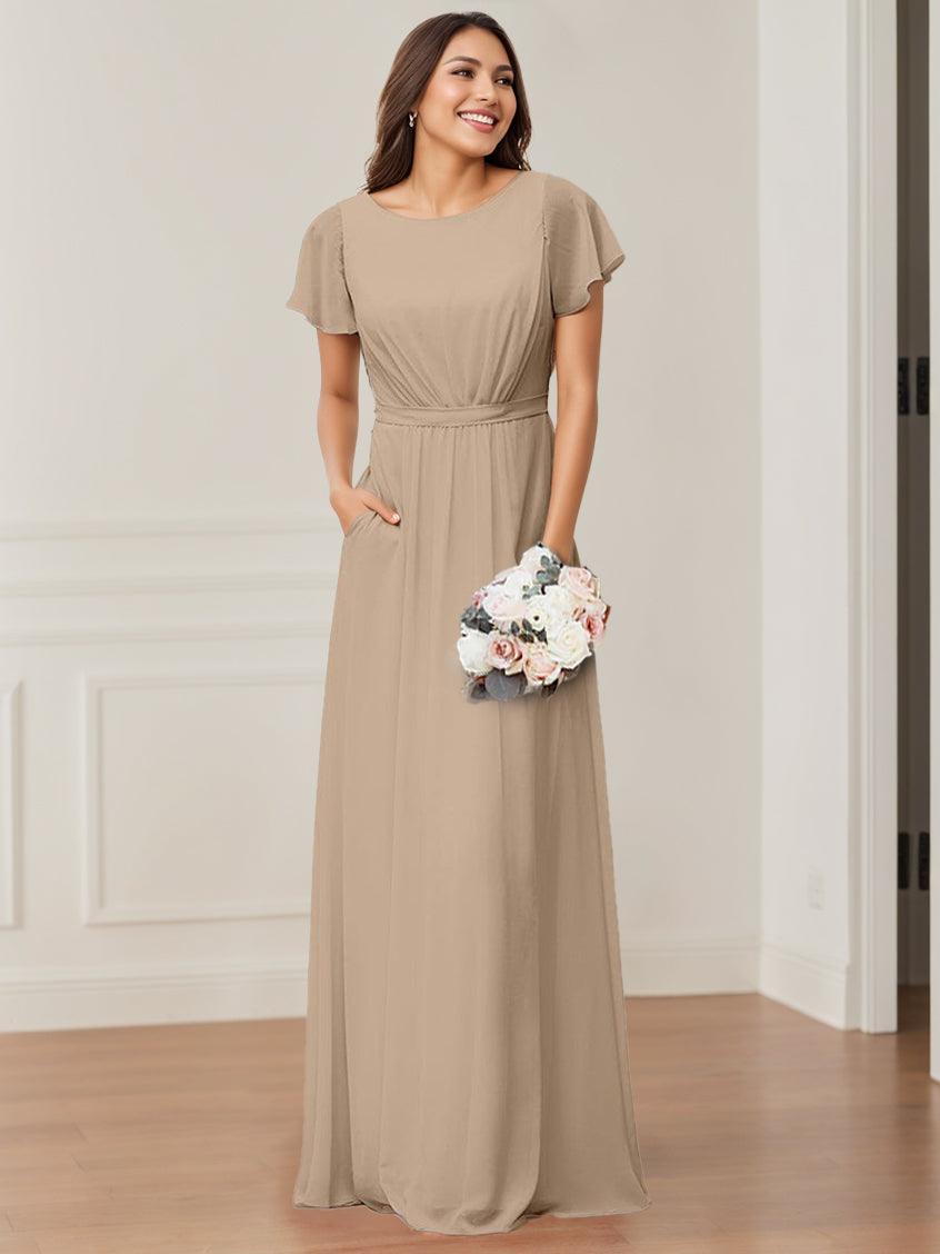 Ligne A/Princesse Scoop Neck Manches Courtes La Longueur du Sol Robes de Demoiselle d'Honneur avec Poche & Froufrous