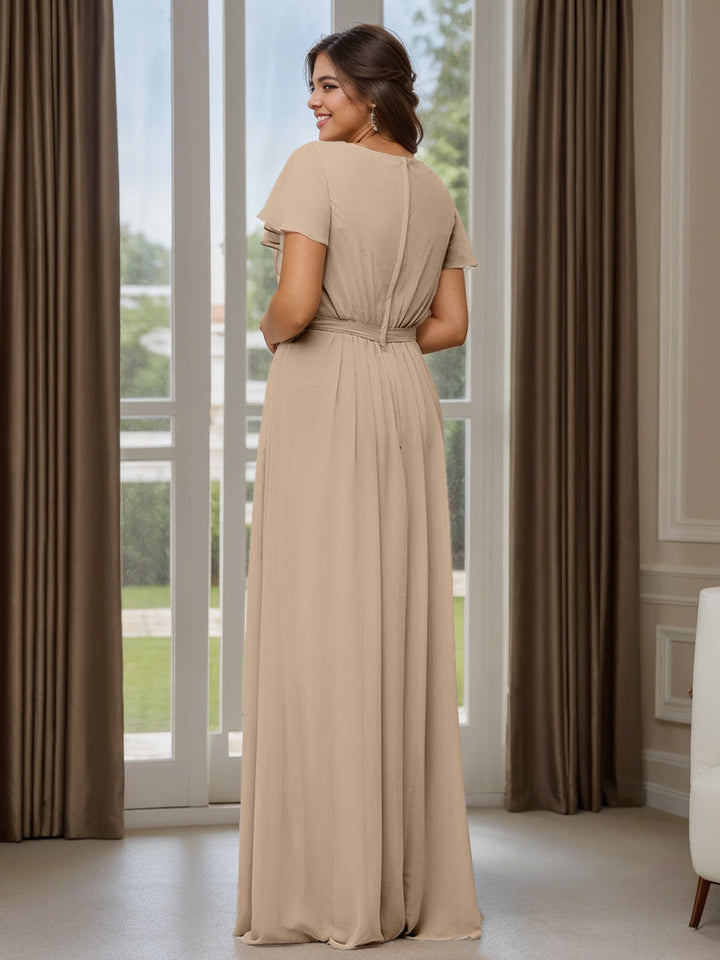 Ligne A/Princesse Scoop Neck Manches Courtes La Longueur du Sol Robes de Demoiselle d'Honneur avec Poche & Froufrous