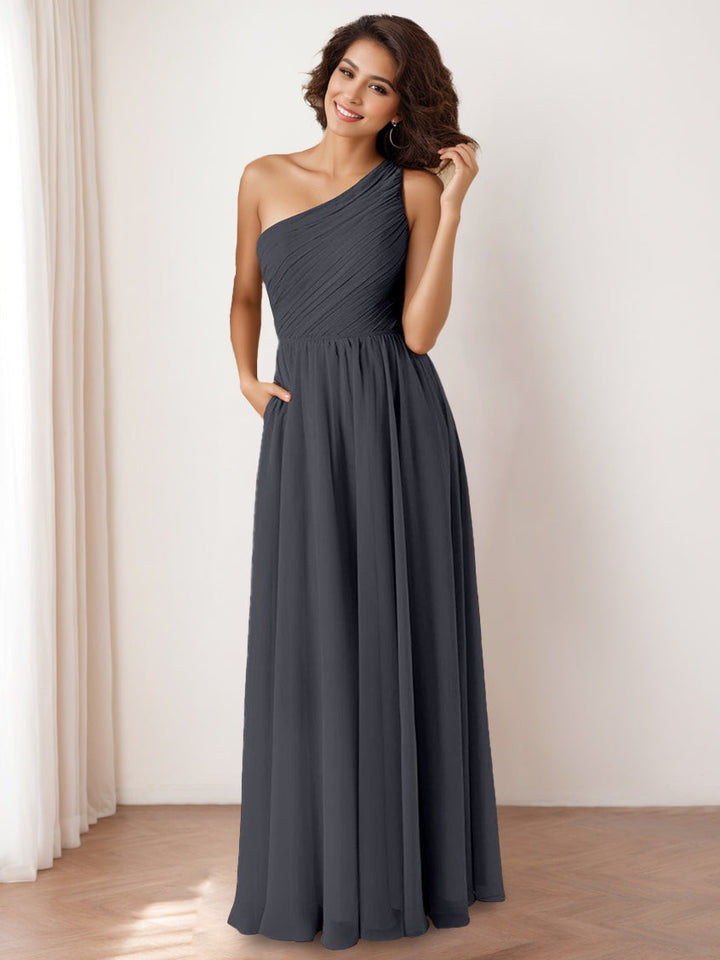 Ligne A/Princesse Une Épaule Sans Manches La Longueur du Sol Robes de Demoiselle d'Honneur avec Poche & Froufrous