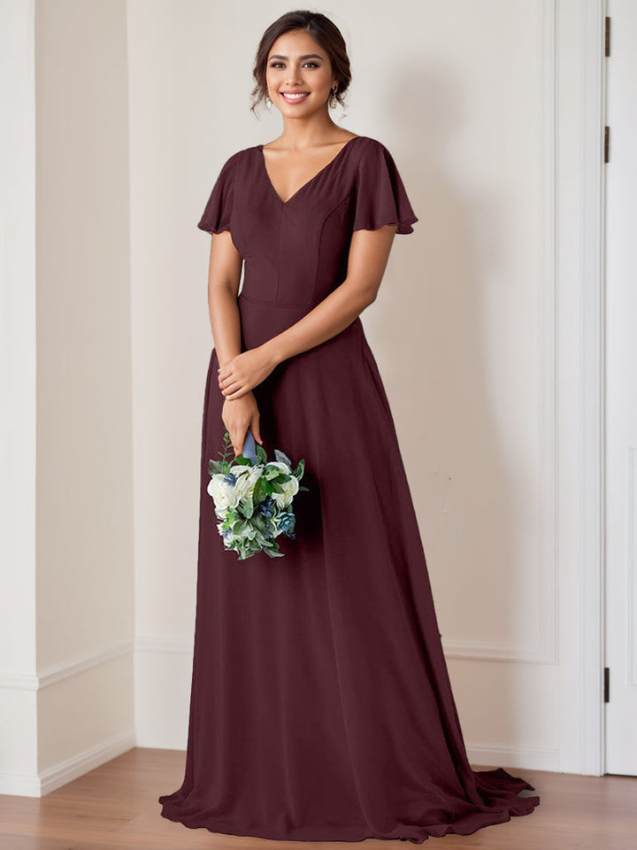 Ligne A/Princesse Col en V Flutter Sleeves  La Longueur du Sol Robes de Demoiselle d'Honneur avec Ruching