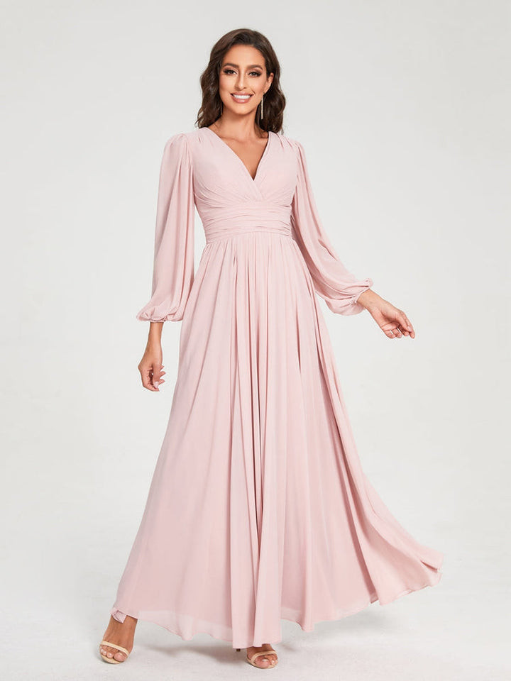 Ligne A/Princesse Col en V Manches Longues La Longueur du Sol Robes de Demoiselle d'Honneur avec Poches & Côté Divisé