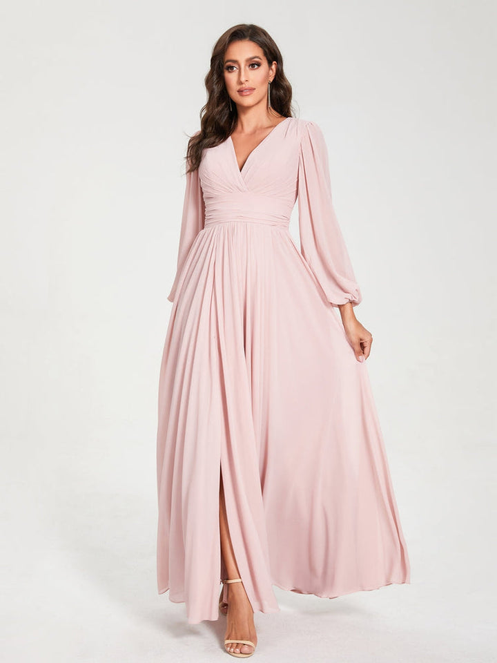 Ligne A/Princesse Col en V Manches Longues La Longueur du Sol Robes de Demoiselle d'Honneur avec Poches & Côté Divisé