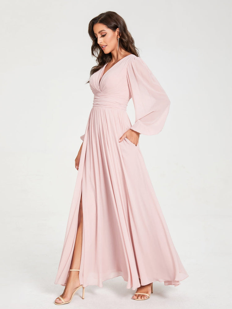 Ligne A/Princesse Col en V Manches Longues La Longueur du Sol Robes de Demoiselle d'Honneur avec Poches & Côté Divisé