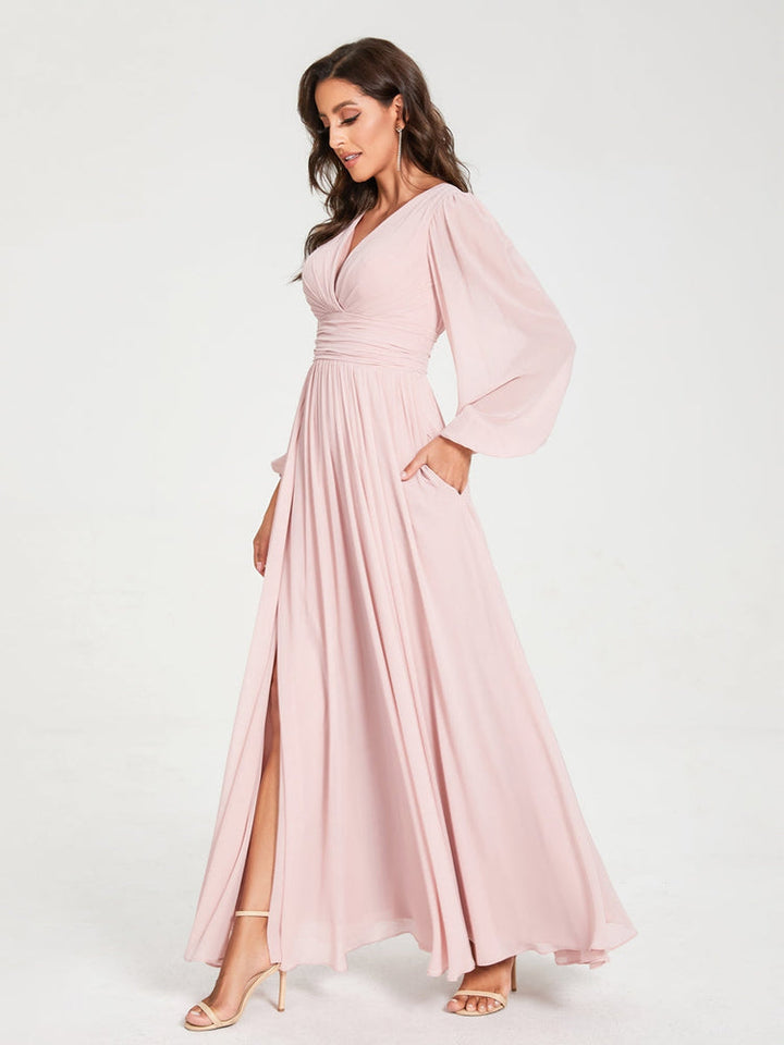 Ligne A/Princesse Col en V Manches Longues La Longueur du Sol Robes de Demoiselle d'Honneur avec Poches & Côté Divisé