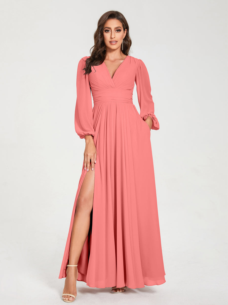 Ligne A/Princesse Col en V Manches Longues La Longueur du Sol Robes de Demoiselle d'Honneur avec Poches & Côté Divisé
