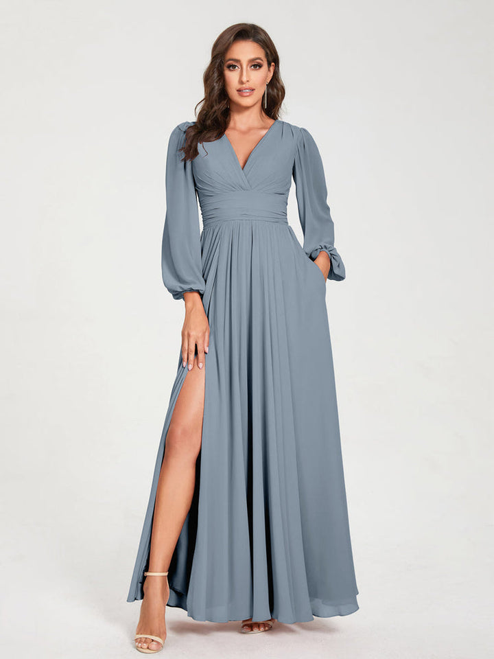 Ligne A/Princesse Col en V Manches Longues La Longueur du Sol Robes de Demoiselle d'Honneur avec Poches & Côté Divisé