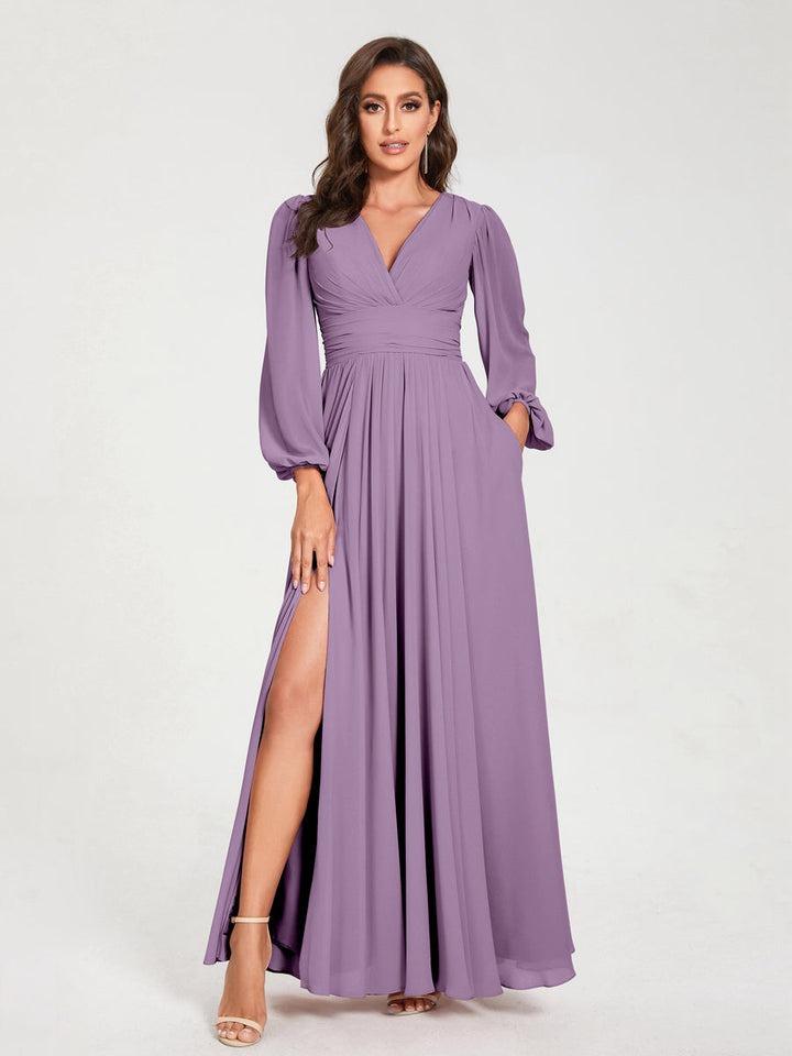 Ligne A/Princesse Col en V Manches Longues La Longueur du Sol Robes de Demoiselle d'Honneur avec Poches & Côté Divisé