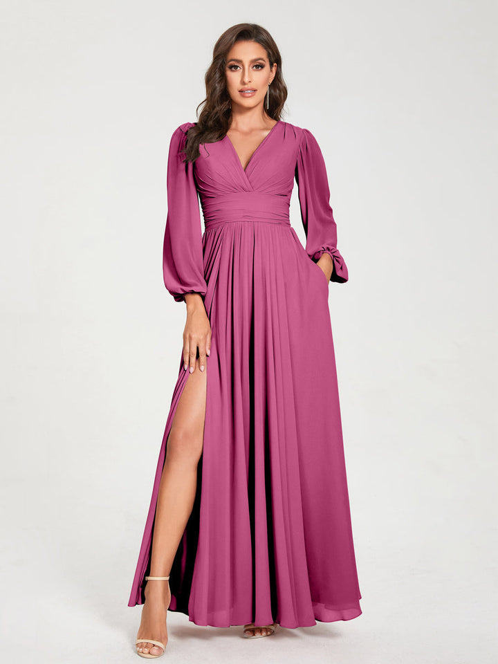 Ligne A/Princesse Col en V Manches Longues La Longueur du Sol Robes de Demoiselle d'Honneur avec Poches & Côté Divisé