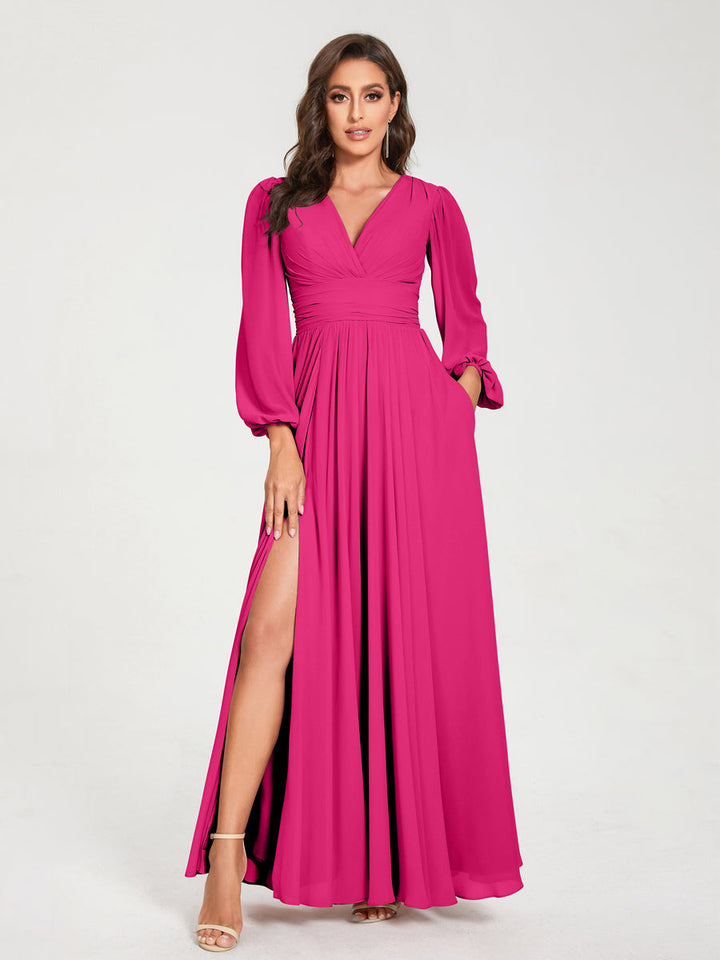 Ligne A/Princesse Col en V Manches Longues La Longueur du Sol Robes de Demoiselle d'Honneur avec Poches & Côté Divisé