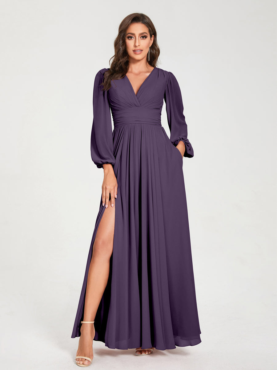 Ligne A/Princesse Col en V Manches Longues La Longueur du Sol Robes de Demoiselle d'Honneur avec Poches & Côté Divisé