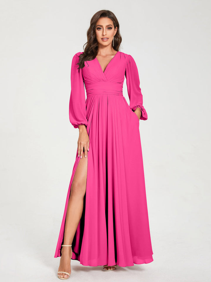 Ligne A/Princesse Col en V Manches Longues La Longueur du Sol Robes de Demoiselle d'Honneur avec Poches & Côté Divisé