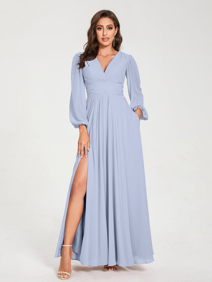 Ligne A/Princesse Col en V Manches Longues La Longueur du Sol Robes de Demoiselle d'Honneur avec Poches & Côté Divisé