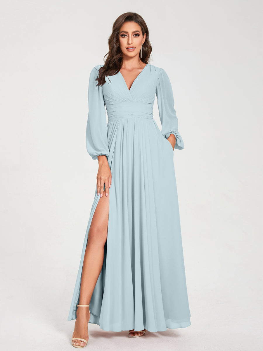 Ligne A/Princesse Col en V Manches Longues La Longueur du Sol Robes de Demoiselle d'Honneur avec Poches & Côté Divisé