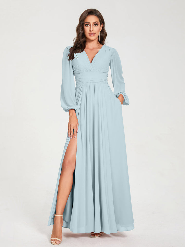 Ligne A/Princesse Col en V Manches Longues La Longueur du Sol Robes de Demoiselle d'Honneur avec Poches & Côté Divisé