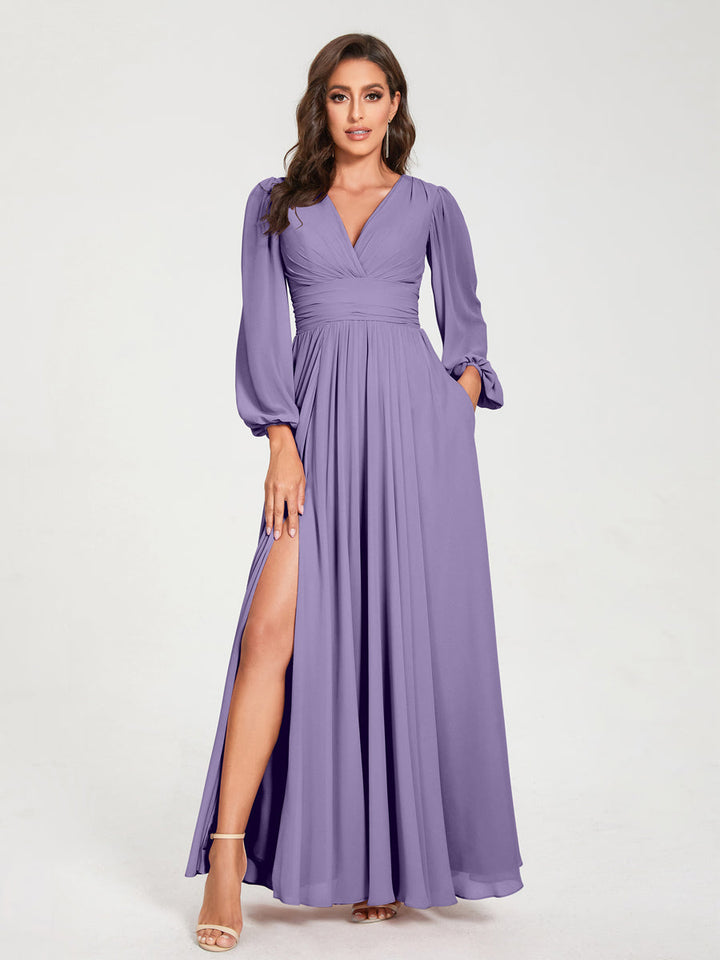 Ligne A/Princesse Col en V Manches Longues La Longueur du Sol Robes de Demoiselle d'Honneur avec Poches & Côté Divisé