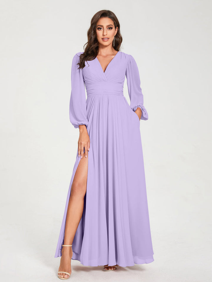 Ligne A/Princesse Col en V Manches Longues La Longueur du Sol Robes de Demoiselle d'Honneur avec Poches & Côté Divisé