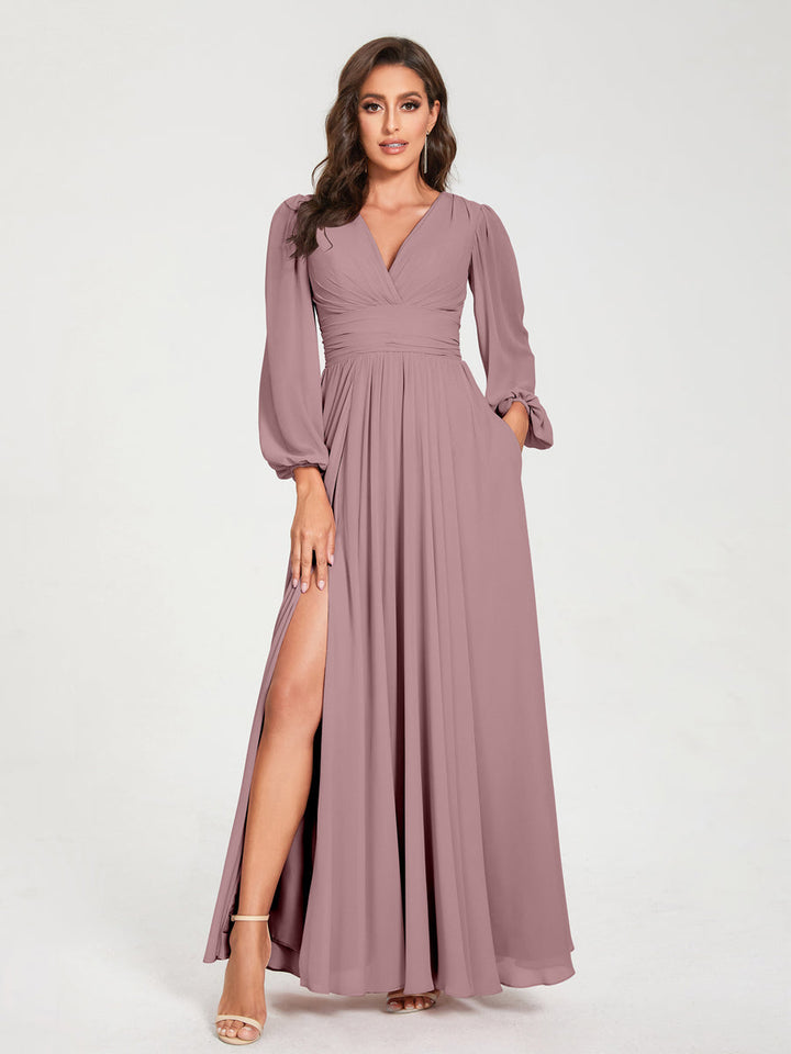 Ligne A/Princesse Col en V Manches Longues La Longueur du Sol Robes de Demoiselle d'Honneur avec Poches & Côté Divisé