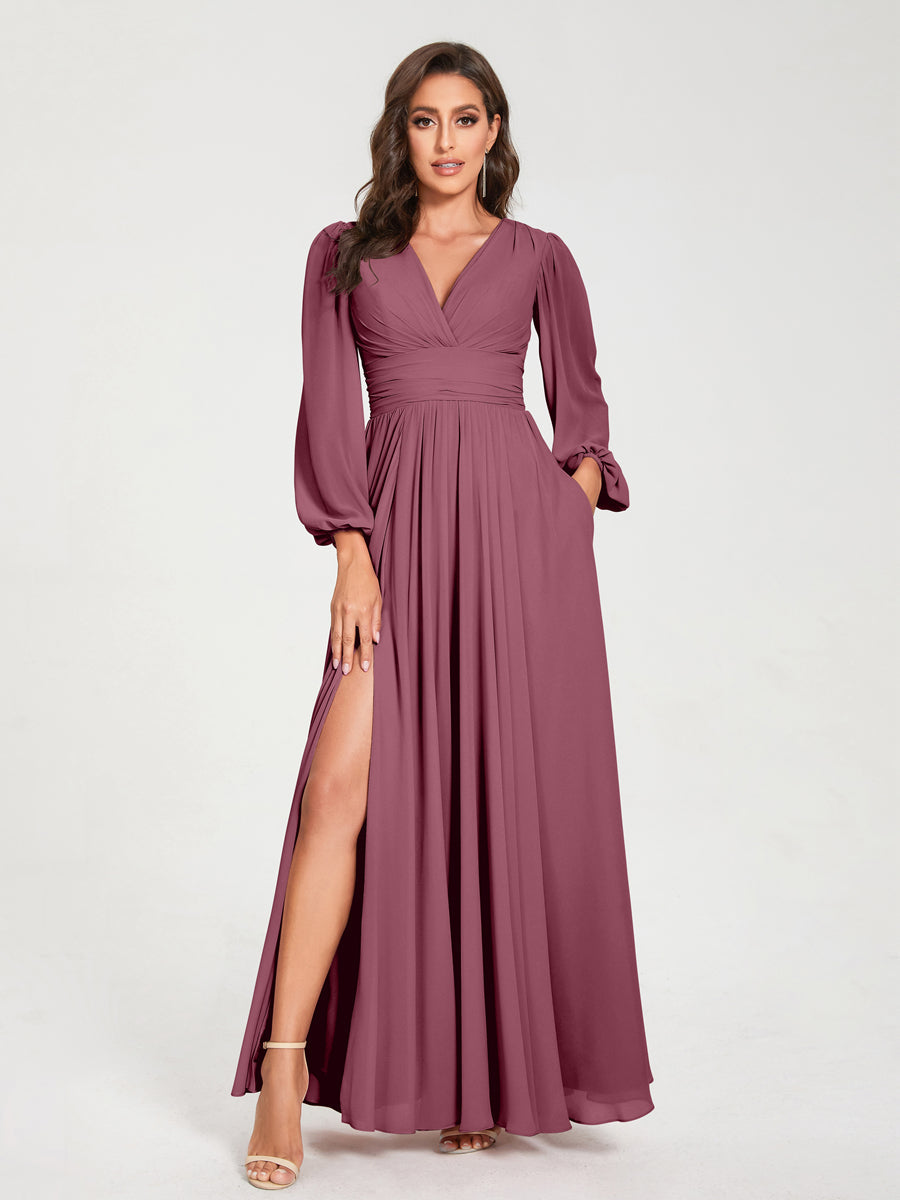 Ligne A/Princesse Col en V Manches Longues La Longueur du Sol Robes de Demoiselle d'Honneur avec Poches & Côté Divisé