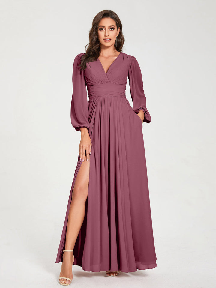 Ligne A/Princesse Col en V Manches Longues La Longueur du Sol Robes de Demoiselle d'Honneur avec Poches & Côté Divisé