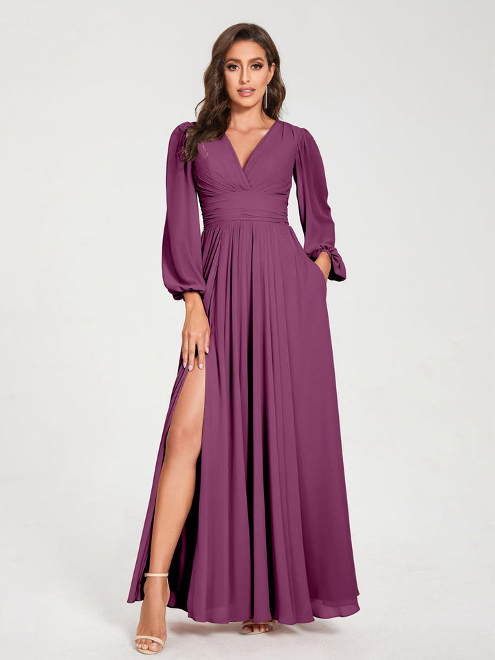 Ligne A/Princesse Col en V Manches Longues La Longueur du Sol Robes de Demoiselle d'Honneur avec Poches & Côté Divisé