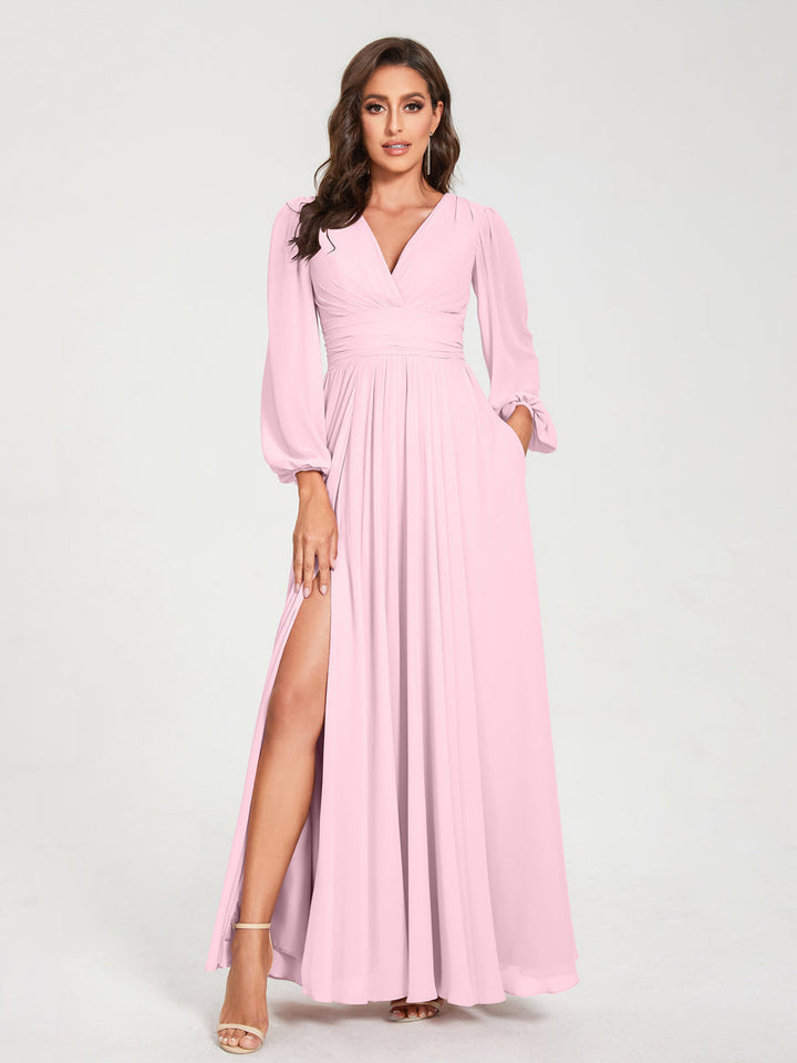 Ligne A/Princesse Col en V Manches Longues La Longueur du Sol Robes de Demoiselle d'Honneur avec Poches & Côté Divisé