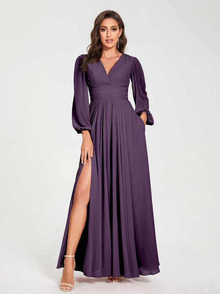Ligne A/Princesse Col en V Manches Longues La Longueur du Sol Robes de Demoiselle d'Honneur avec Poches & Côté Divisé
