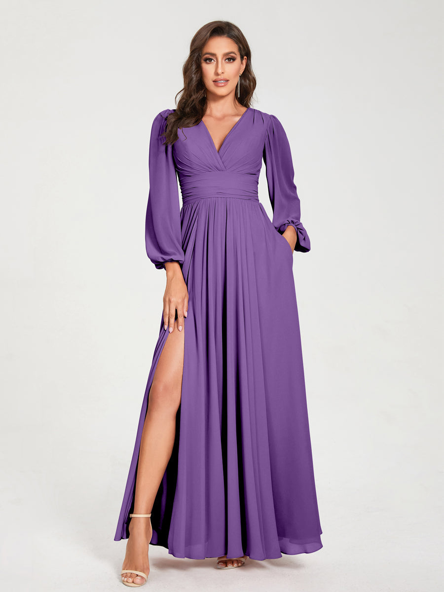 Ligne A/Princesse Col en V Manches Longues La Longueur du Sol Robes de Demoiselle d'Honneur avec Poches & Côté Divisé