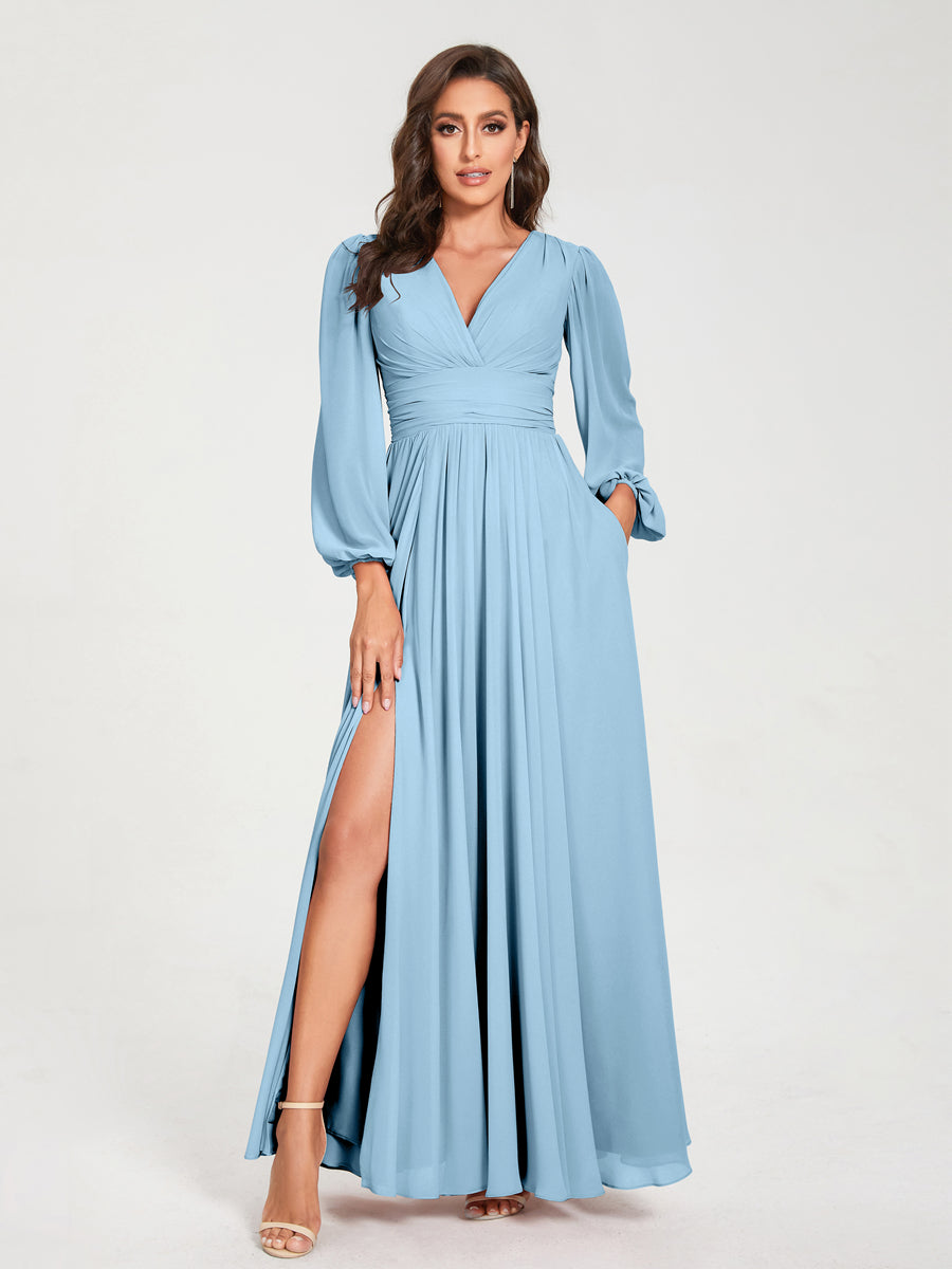 Ligne A/Princesse Col en V Manches Longues La Longueur du Sol Robes de Demoiselle d'Honneur avec Poches & Côté Divisé