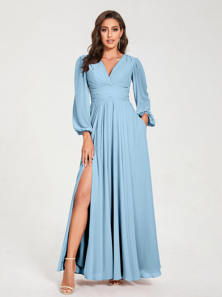 Ligne A/Princesse Col en V Manches Longues La Longueur du Sol Robes de Demoiselle d'Honneur avec Poches & Côté Divisé