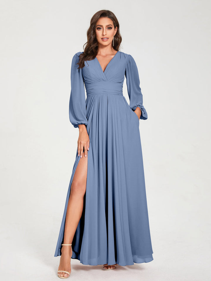 Ligne A/Princesse Col en V Manches Longues La Longueur du Sol Robes de Demoiselle d'Honneur avec Poches & Côté Divisé