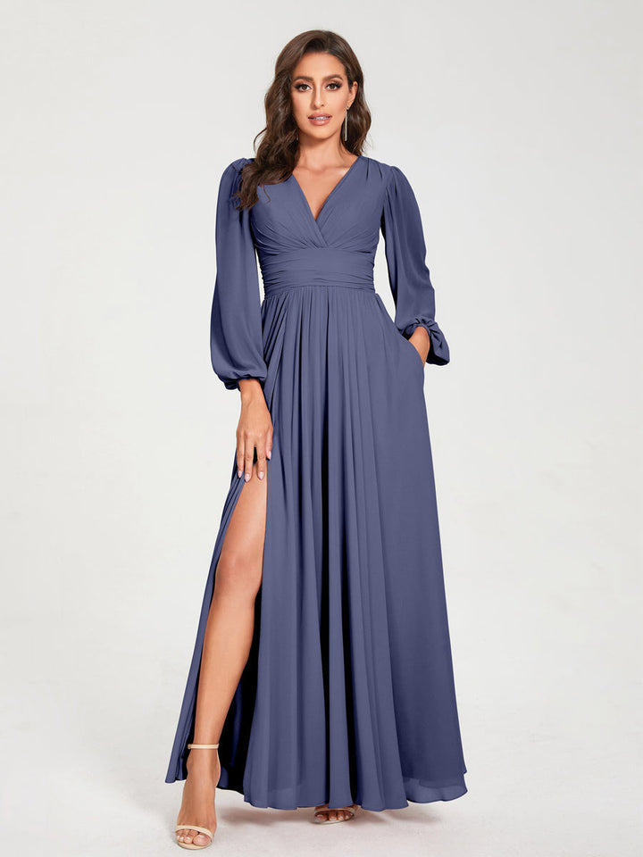 Ligne A/Princesse Col en V Manches Longues La Longueur du Sol Robes de Demoiselle d'Honneur avec Poches & Côté Divisé