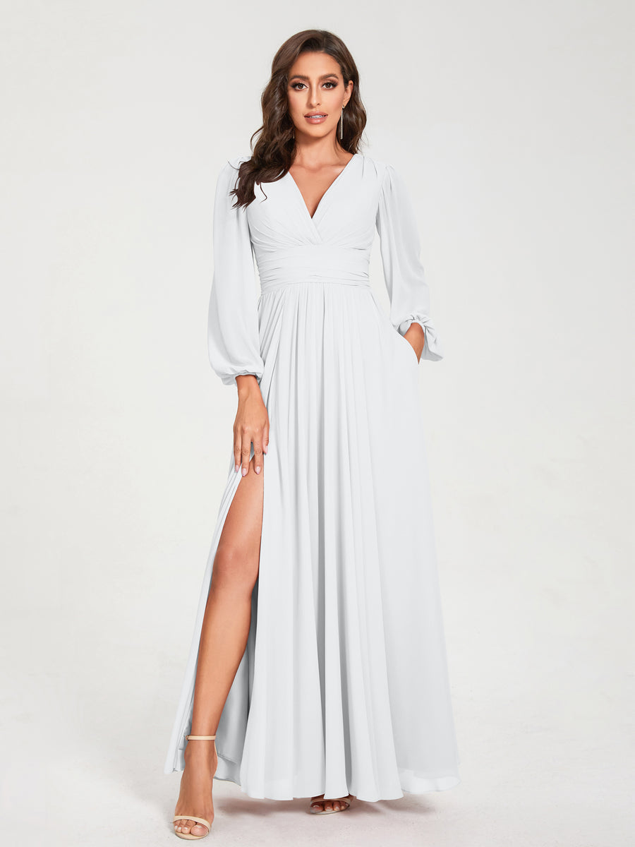 Ligne A/Princesse Col en V Manches Longues La Longueur du Sol Robes de Demoiselle d'Honneur avec Poches & Côté Divisé