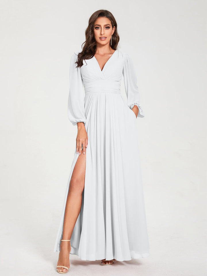 Ligne A/Princesse Col en V Manches Longues La Longueur du Sol Robes de Demoiselle d'Honneur avec Poches & Côté Divisé