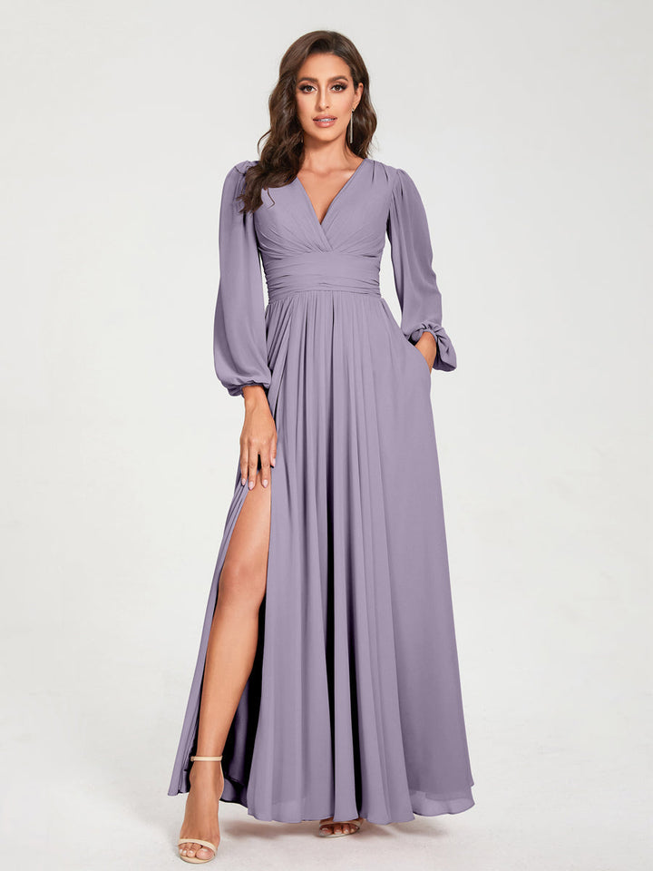 Ligne A/Princesse Col en V Manches Longues La Longueur du Sol Robes de Demoiselle d'Honneur avec Poches & Côté Divisé