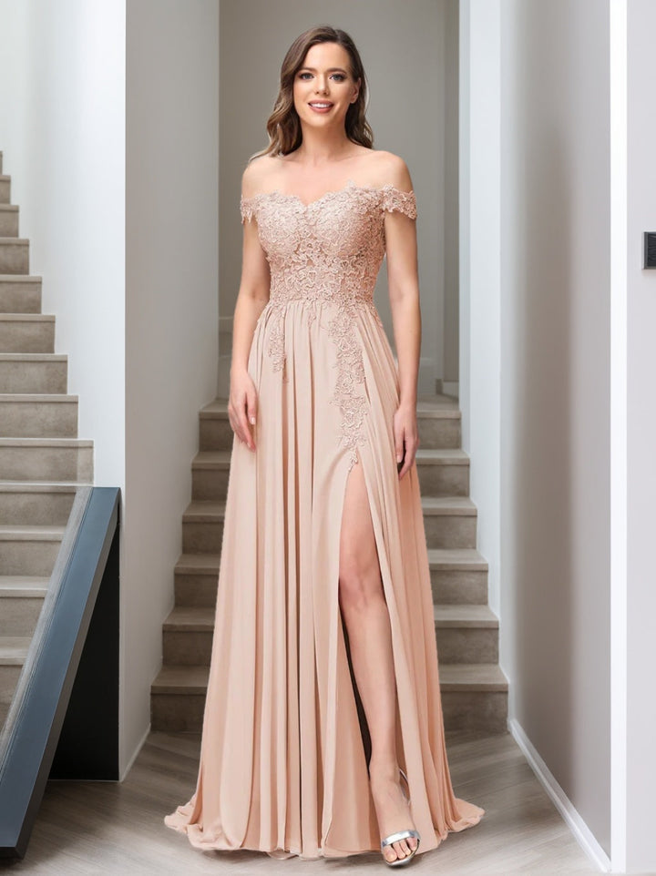 Ligne A/Princesse Hors de l'épaule Sans Manches Long Robes de Demoiselle d'Honneur avec Côté Divisé & Appliqued