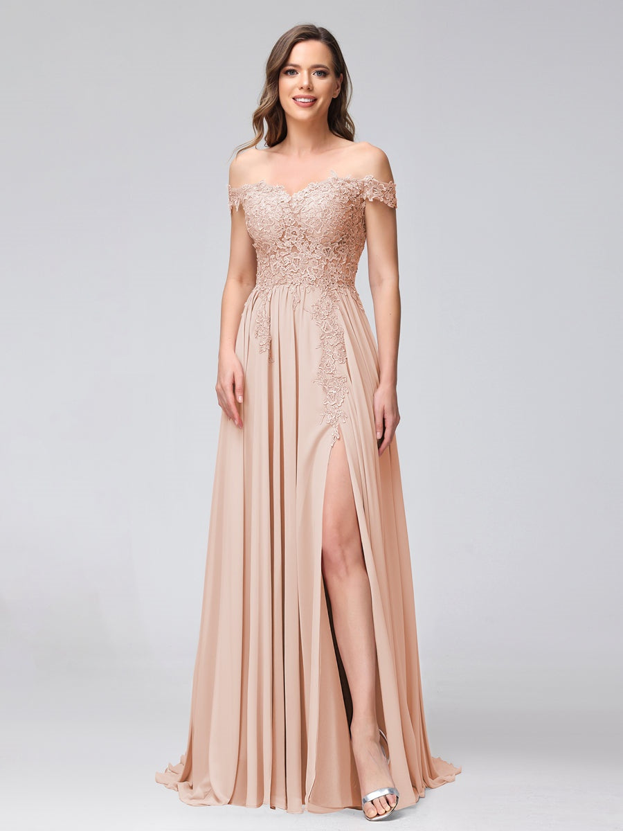 Ligne A/Princesse Hors de l'épaule Sans Manches Long Robes de Demoiselle d'Honneur avec Côté Divisé & Appliqued