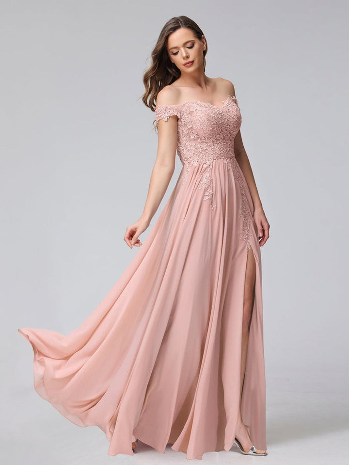 Ligne A/Princesse Hors de l'épaule Sans Manches Long Robes de Demoiselle d'Honneur avec Côté Divisé & Appliqued