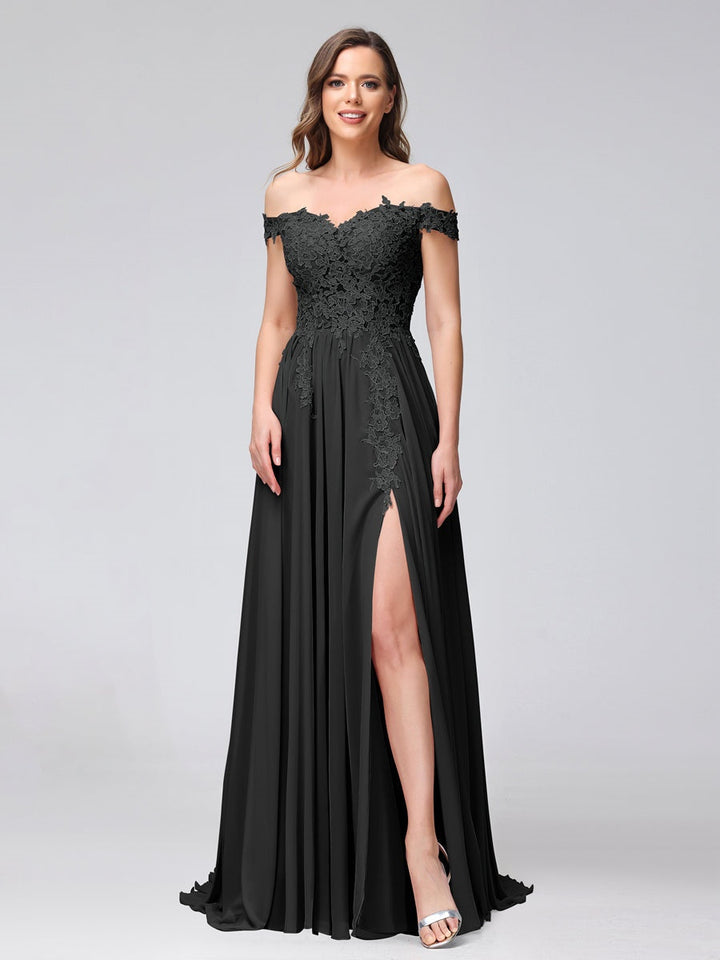 Ligne A/Princesse Hors de l'épaule Sans Manches Long Robes de Demoiselle d'Honneur avec Côté Divisé & Appliqued