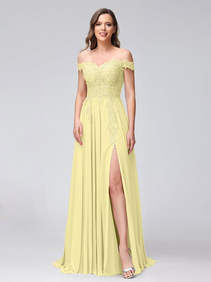 Ligne A/Princesse Hors de l'épaule Sans Manches Long Robes de Demoiselle d'Honneur avec Côté Divisé & Appliqued